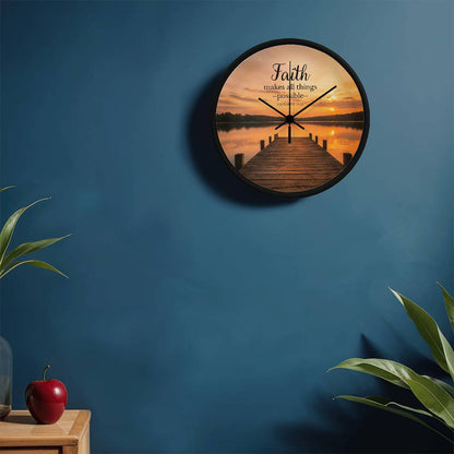 Faith Makes All Things Possible Wall Clock – Matthew 19:26 Christian Wall Clock | Inspirational Lake Sunset Faith Home Decor
