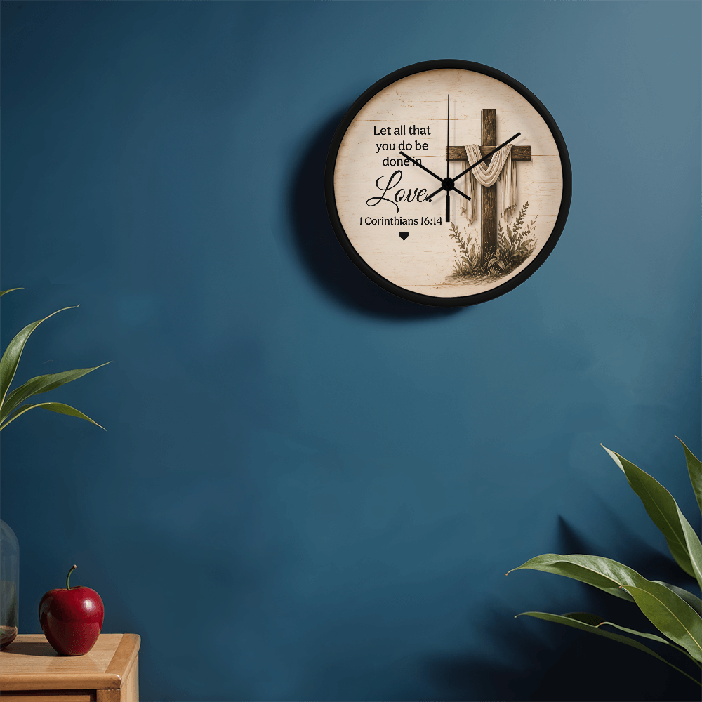 1 Corinthians 16:14 Christian Wall Clock – Let All That You Do Be Done in Love | Cross Bible Verse Wall Clock | Inspirational Faith Home Decor
