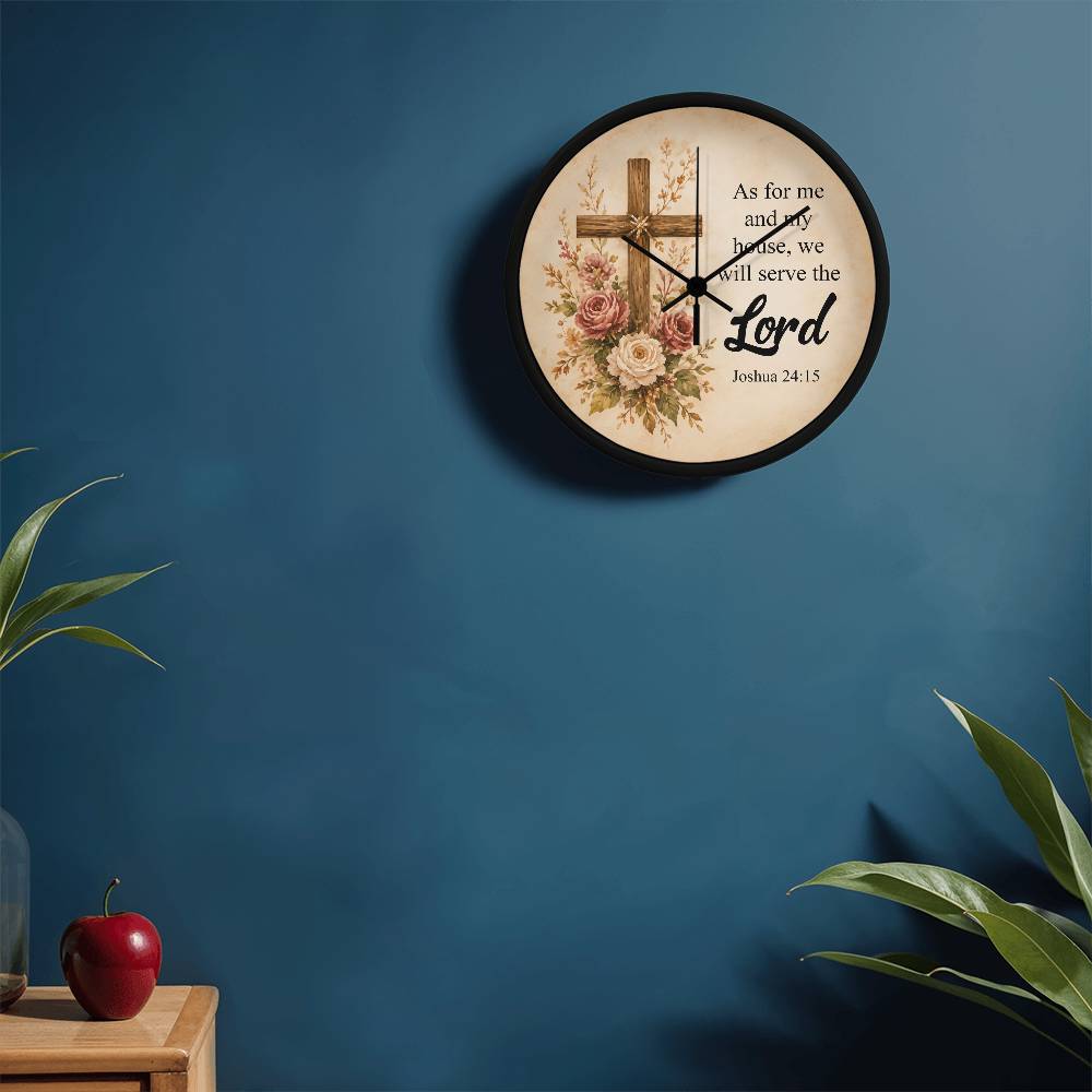 Joshua 24:15 Christian Wall Clock – As for Me and My House We Will Serve the Lord | Rustic Cross Bible Verse Wall Clock | Faith Home Decor