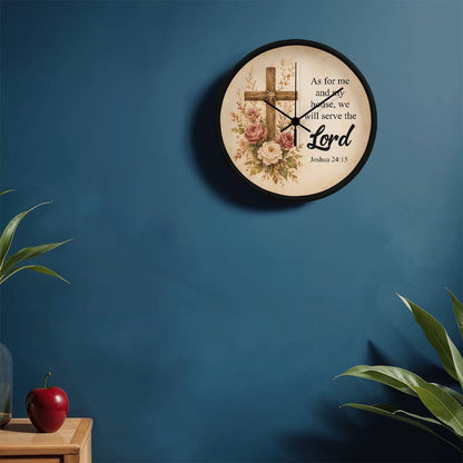 Joshua 24:15 Christian Wall Clock – As for Me and My House We Will Serve the Lord | Rustic Cross Bible Verse Wall Clock | Faith Home Decor