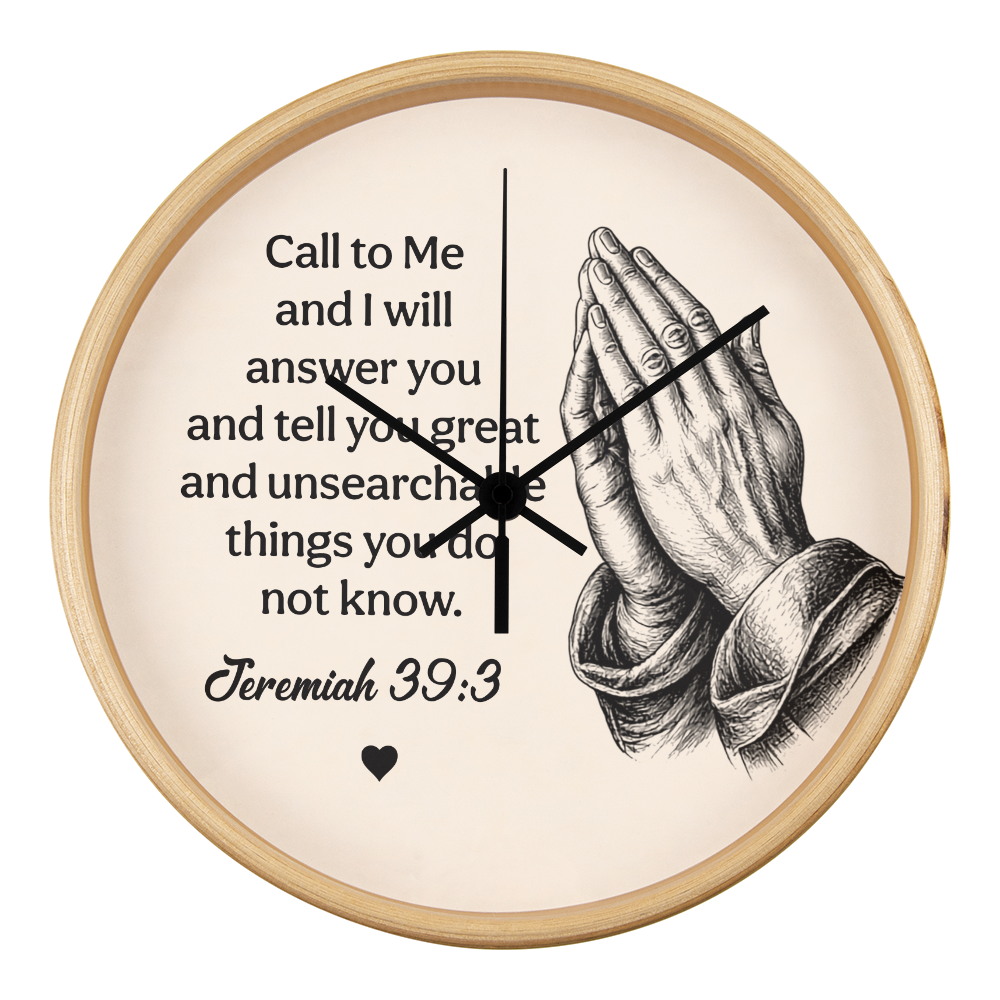 Jeremiah 33:3 Christian Wall Clock – Call to Me and I Will Answer You | Prayer Hands Bible Verse Wall Clock | Inspirational Christian Home Decor