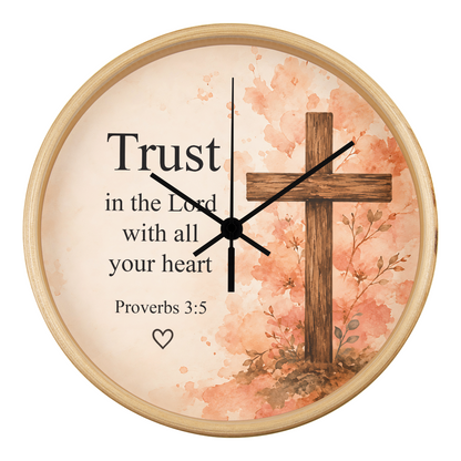 Proverbs 3:5 Christian Wall Clock – Trust in the Lord with All Your Heart | Floral Cross Bible Verse Wall Clock | Inspirational Faith Home Decor