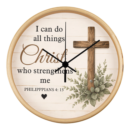 Philippians 4:13 Christian Wall Clock – I Can Do All Things Through Christ Rustic Cross Faith Decor