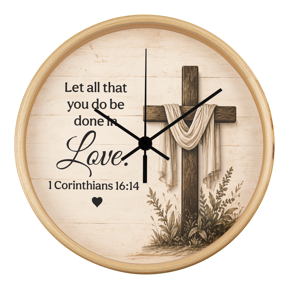 1 Corinthians 16:14 Christian Wall Clock – Let All That You Do Be Done in Love | Cross Bible Verse Wall Clock | Inspirational Faith Home Decor
