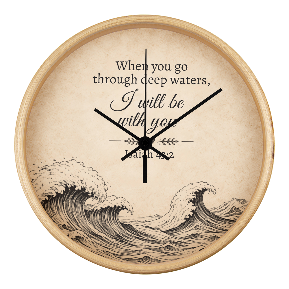Isaiah 43:2 Christian Wall Clock – When You Go Through Deep Waters I Will Be With You | Inspirational Bible Verse Wall Clock | Faith Home Decor