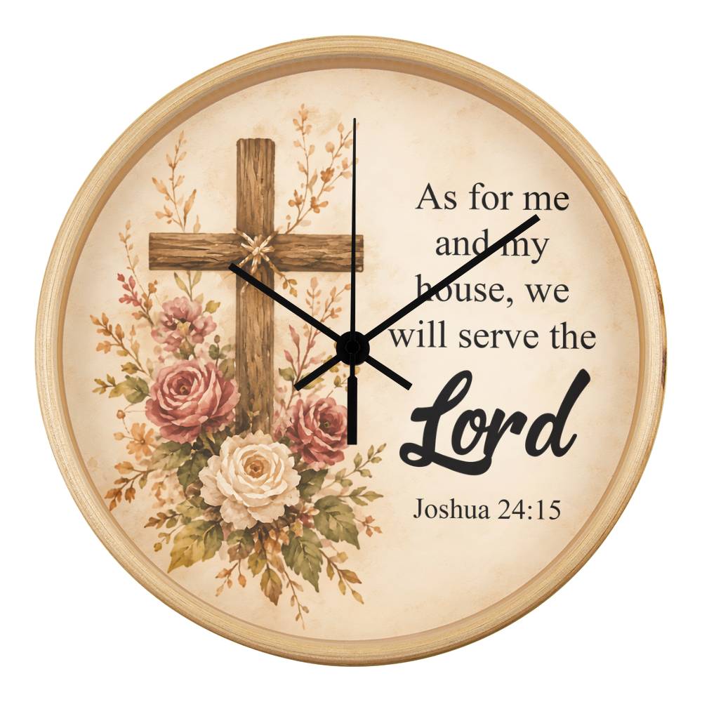 Joshua 24:15 Christian Wall Clock – As for Me and My House We Will Serve the Lord | Rustic Cross Bible Verse Wall Clock | Faith Home Decor