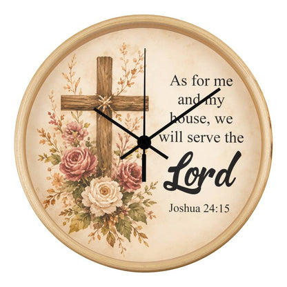 Joshua 24:15 Christian Wall Clock – As for Me and My House We Will Serve the Lord | Rustic Cross Bible Verse Wall Clock | Faith Home Decor