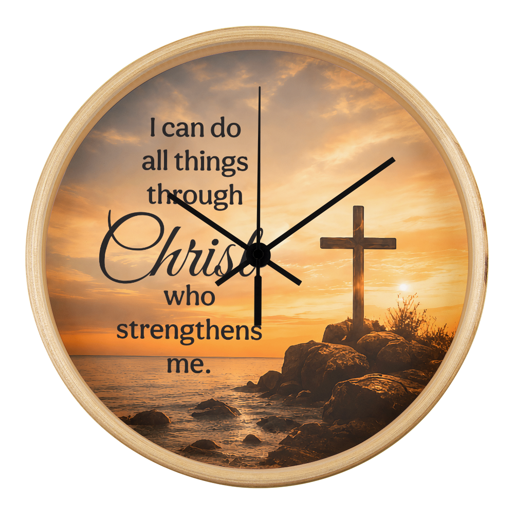 Philippians 4:13 Christian Wall Clock – I Can Do All Things Through Christ | Cross Sunset Bible Verse Wall Clock | Inspirational Faith Home Decor