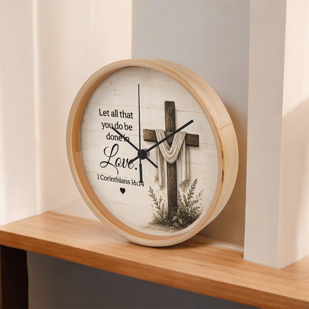 1 Corinthians 16:14 Christian Wall Clock – Let All That You Do Be Done in Love | Cross Bible Verse Wall Clock | Inspirational Faith Home Decor