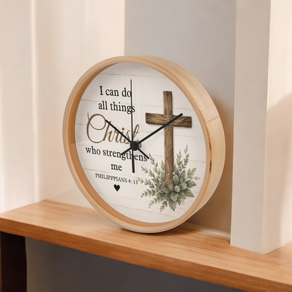 Philippians 4:13 Christian Wall Clock – I Can Do All Things Through Christ Rustic Cross Faith Decor