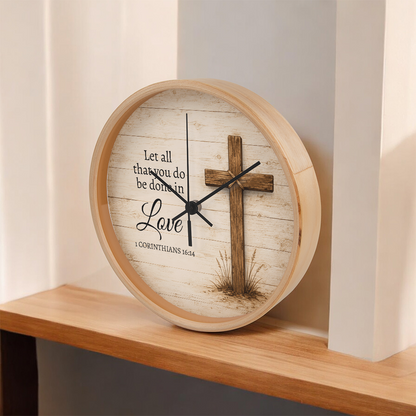 1 Corinthians 16:14 Christian Wall Clock – Let All That You Do Be Done in Love | Rustic Cross Bible Verse Wall Clock | Faith Home Decor