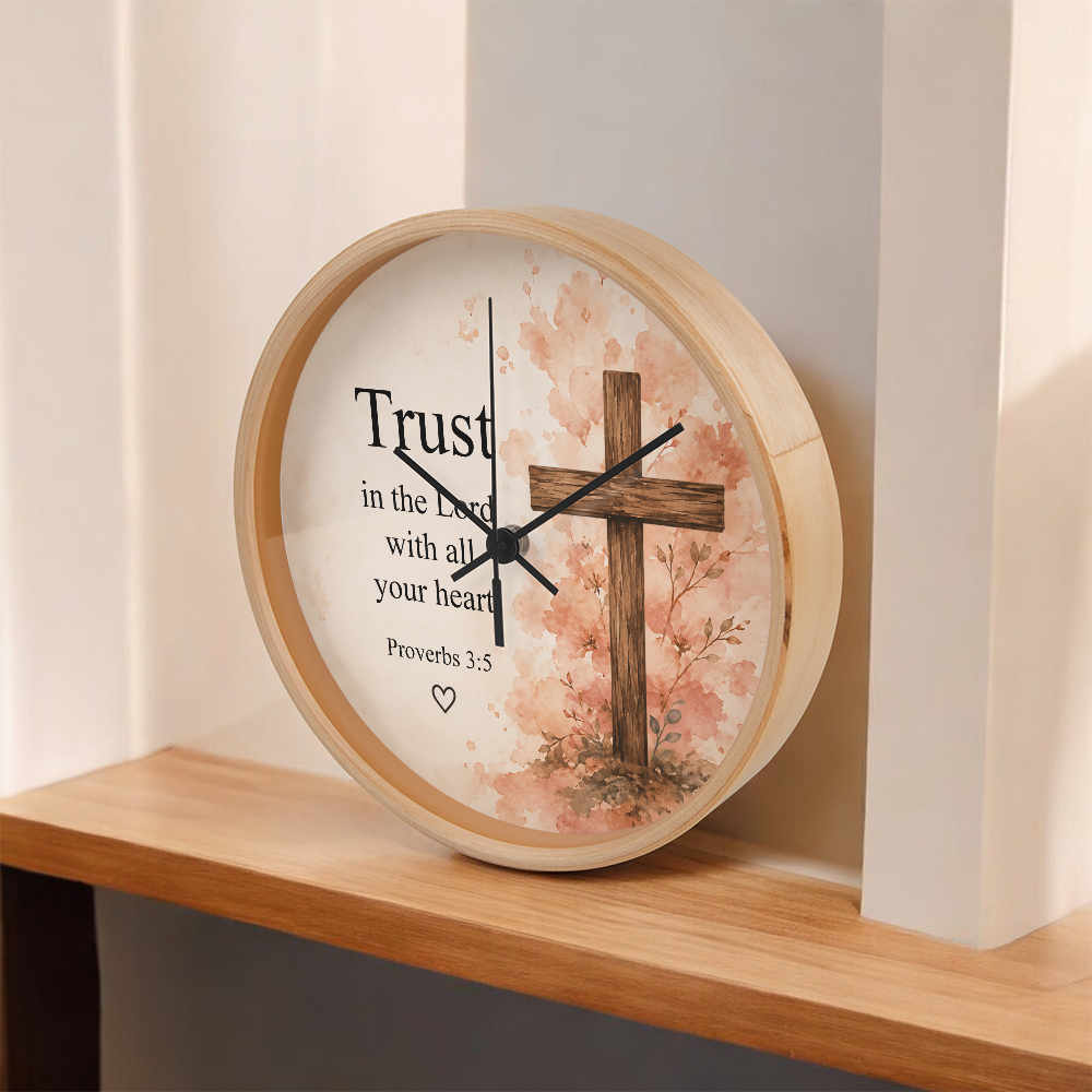 Proverbs 3:5 Christian Wall Clock – Trust in the Lord with All Your Heart | Floral Cross Bible Verse Wall Clock | Inspirational Faith Home Decor