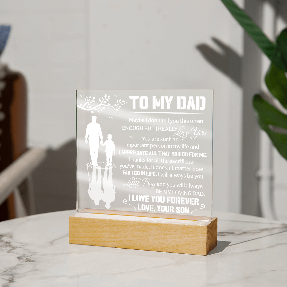 To My Dad LED Acrylic Plaque – "I Love You Forever" Light Up Night Light | Personalized Son to Dad Gift with Wooden Base