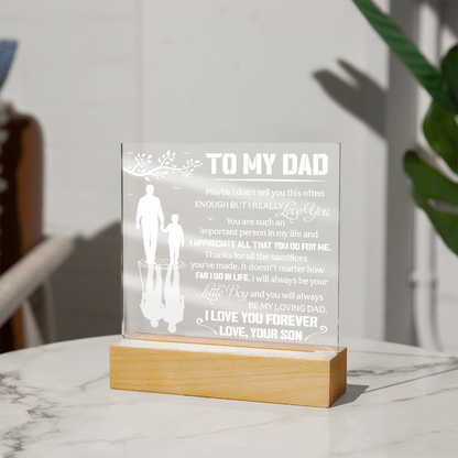 To My Dad LED Acrylic Plaque – "I Love You Forever" Light Up Night Light | Personalized Son to Dad Gift with Wooden Base