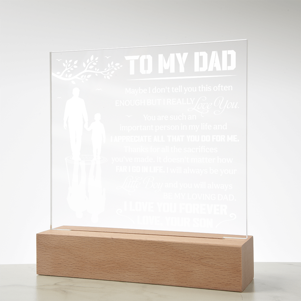To My Dad LED Acrylic Plaque – "I Love You Forever" Light Up Night Light | Personalized Son to Dad Gift with Wooden Base