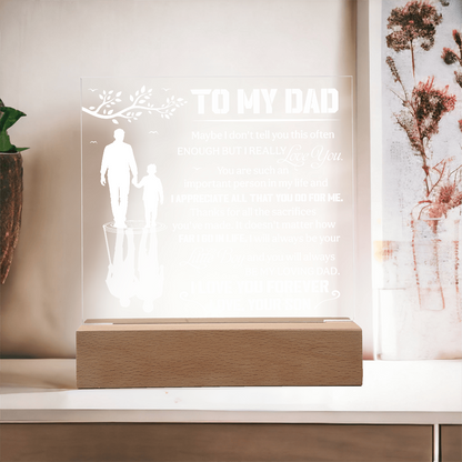 To My Dad LED Acrylic Plaque – "I Love You Forever" Light Up Night Light | Personalized Son to Dad Gift with Wooden Base