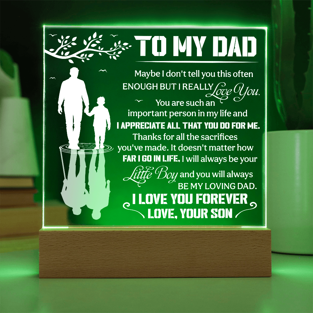 To My Dad illuminated LED glass plaque with father son silhouette