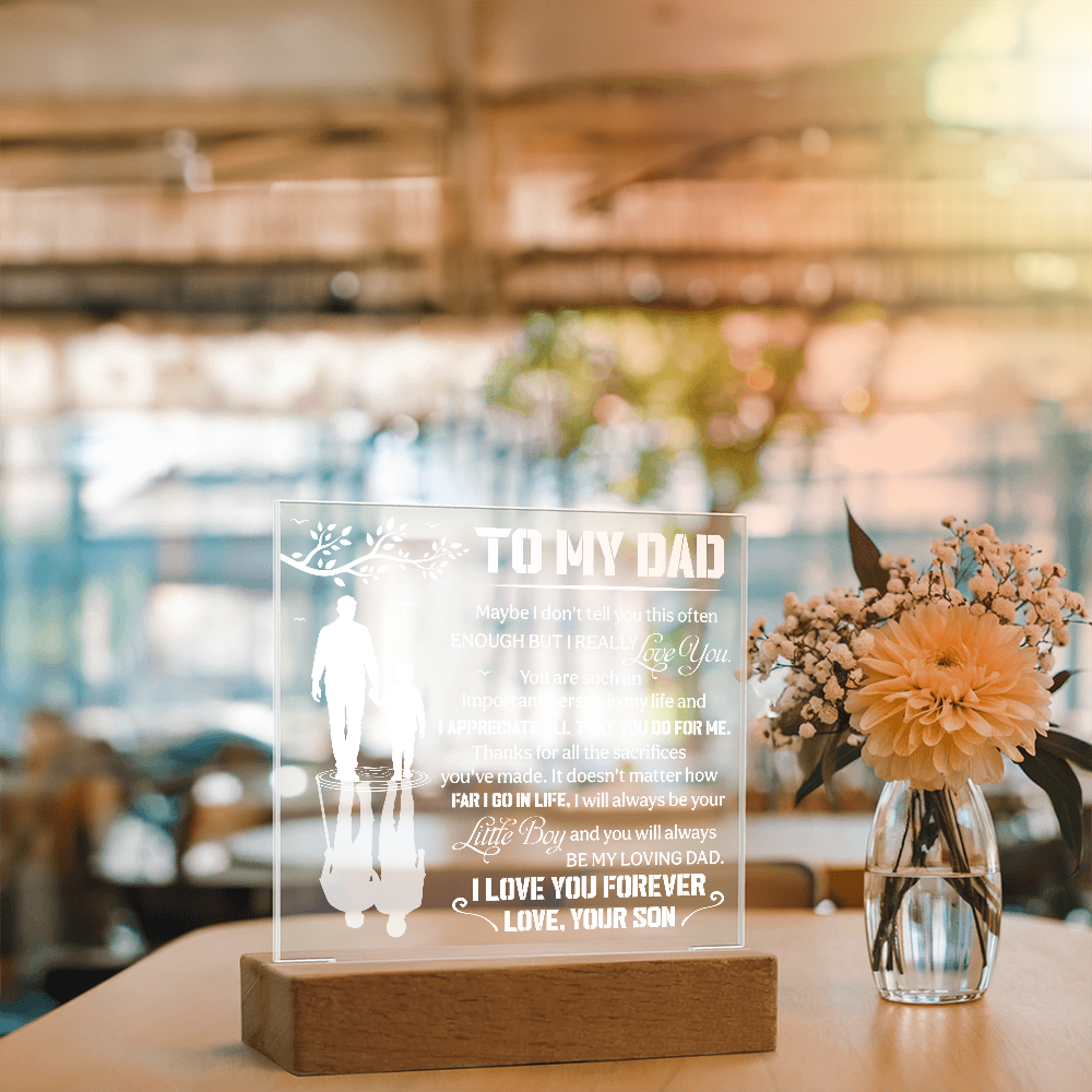 To My Dad LED Acrylic Plaque – "I Love You Forever" Light Up Night Light | Personalized Son to Dad Gift with Wooden Base