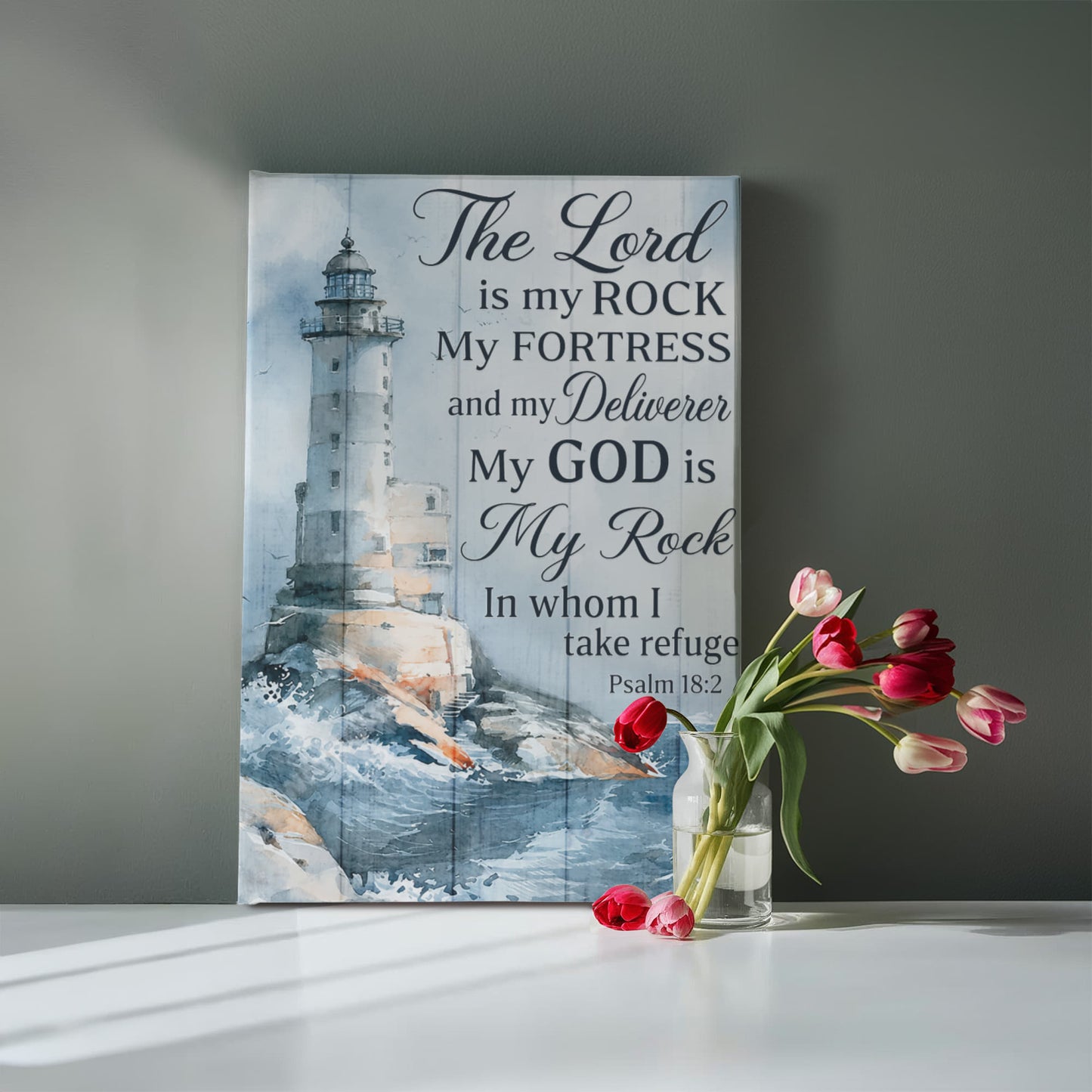 The Lord Is My Rock Lighthouse Canvas Wall Art – Psalm 18:2 Christian Bible Verse Decor
