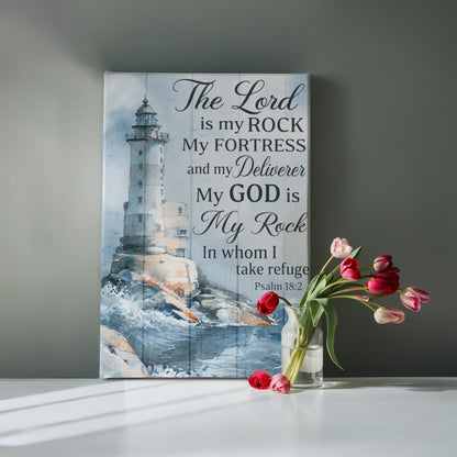 The Lord Is My Rock Lighthouse Canvas Wall Art – Psalm 18:2 Christian Bible Verse Decor