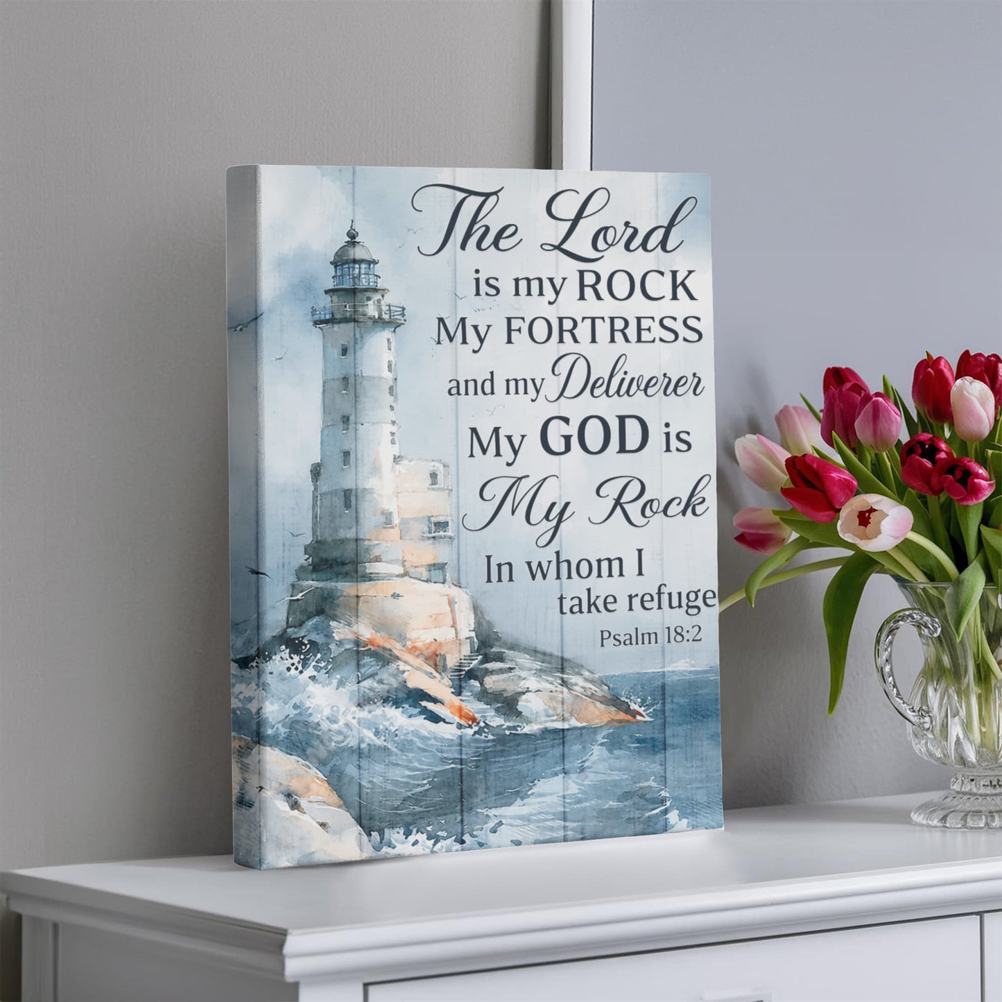 The Lord Is My Rock Lighthouse Canvas Wall Art – Psalm 18:2 Christian Bible Verse Decor