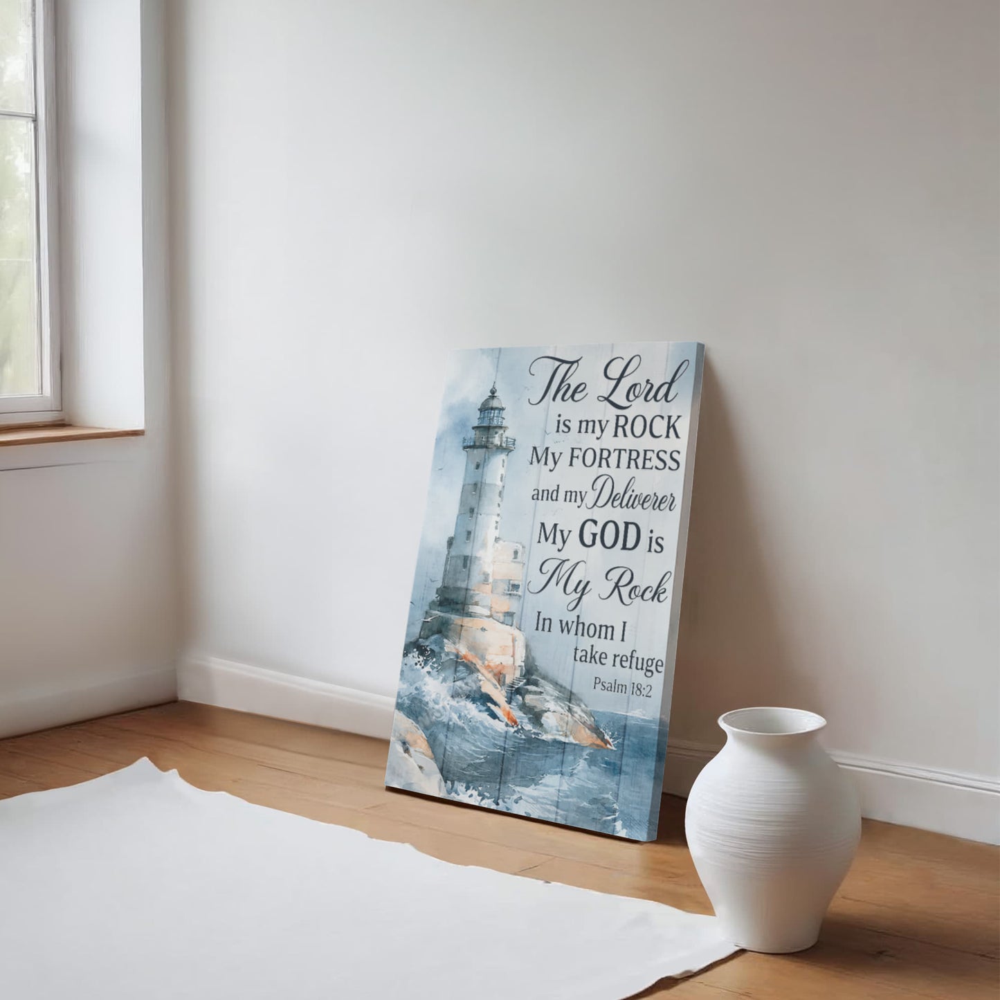 The Lord Is My Rock Lighthouse Canvas Wall Art – Psalm 18:2 Christian Bible Verse Decor