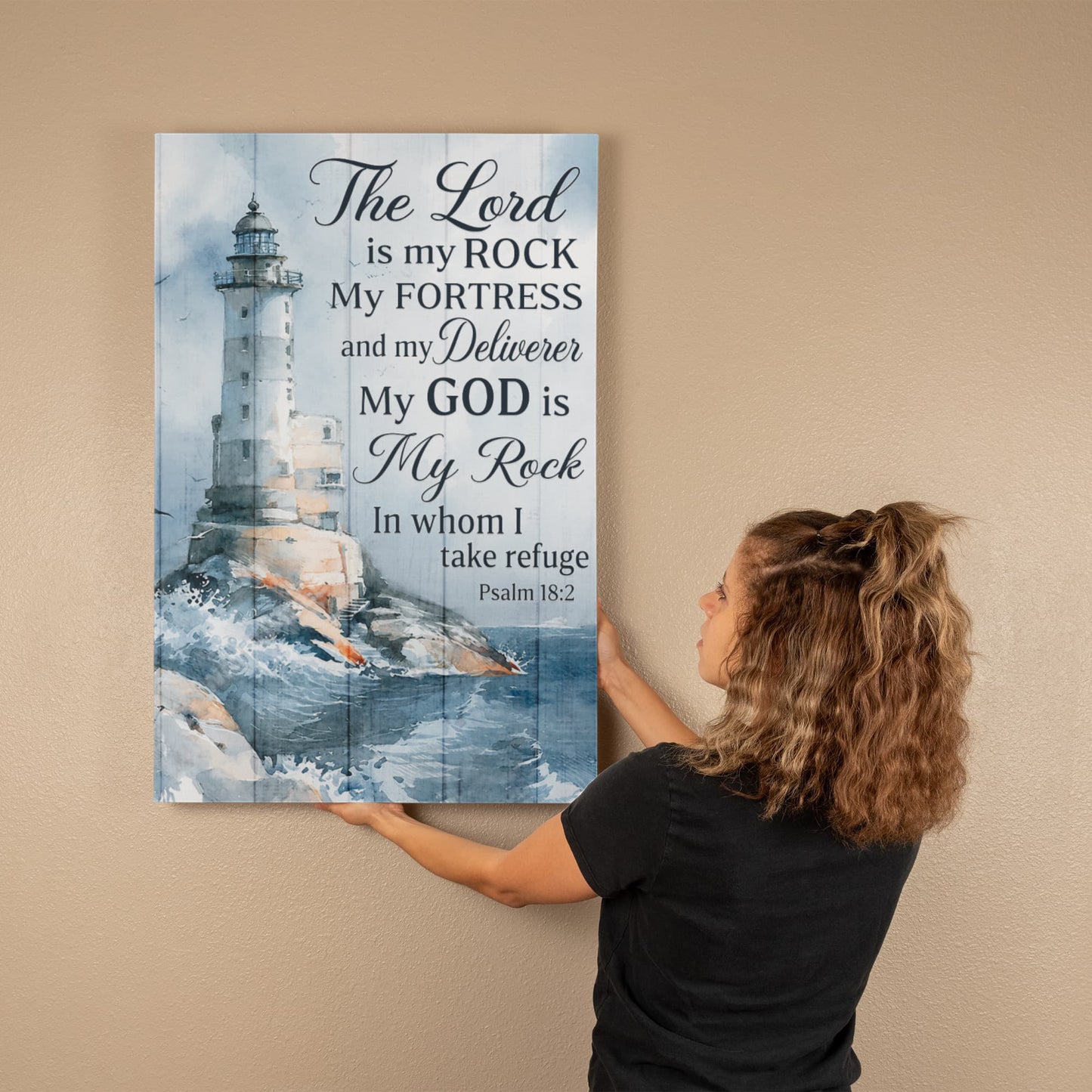 The Lord Is My Rock Lighthouse Canvas Wall Art – Psalm 18:2 Christian Bible Verse Decor