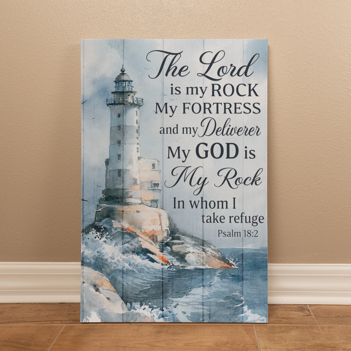 The Lord Is My Rock Lighthouse Canvas Wall Art – Psalm 18:2 Christian Bible Verse Decor
