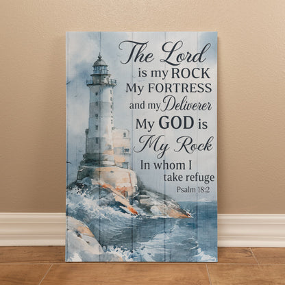 The Lord Is My Rock Lighthouse Canvas Wall Art – Psalm 18:2 Christian Bible Verse Decor