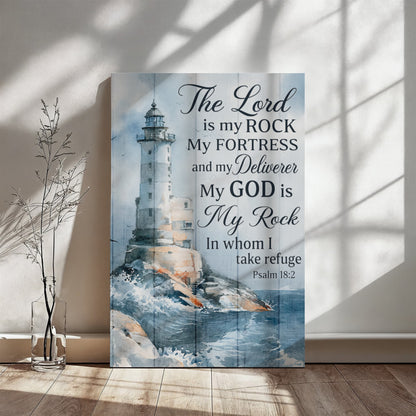 The Lord Is My Rock Lighthouse Canvas Wall Art – Psalm 18:2 Christian Bible Verse Decor