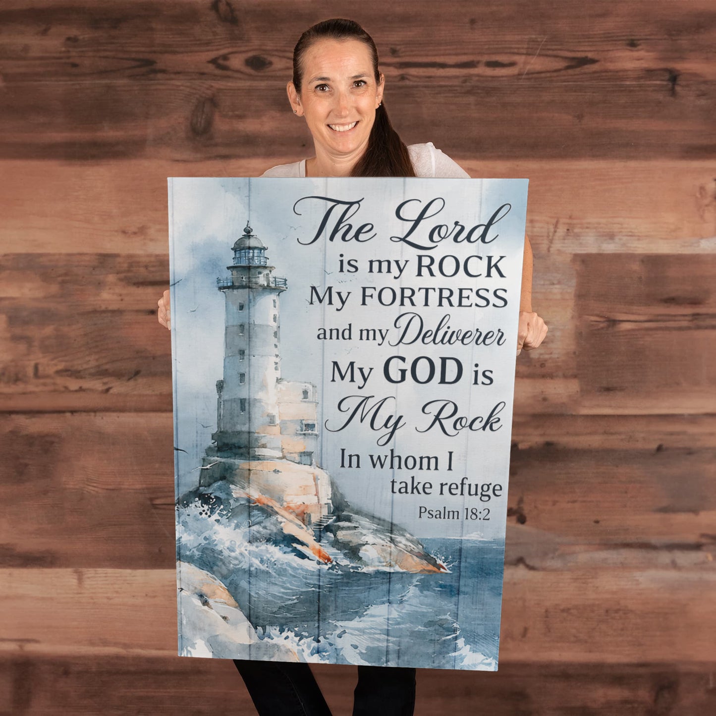 The Lord Is My Rock Lighthouse Canvas Wall Art – Psalm 18:2 Christian Bible Verse Decor