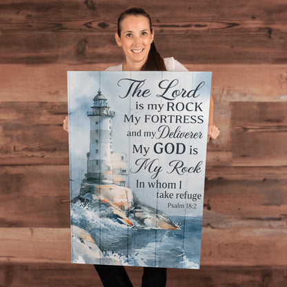 The Lord Is My Rock Lighthouse Canvas Wall Art – Psalm 18:2 Christian Bible Verse Decor