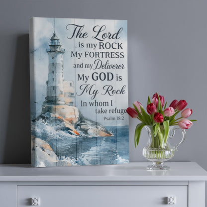The Lord Is My Rock Lighthouse Canvas Wall Art – Psalm 18:2 Christian Bible Verse Decor