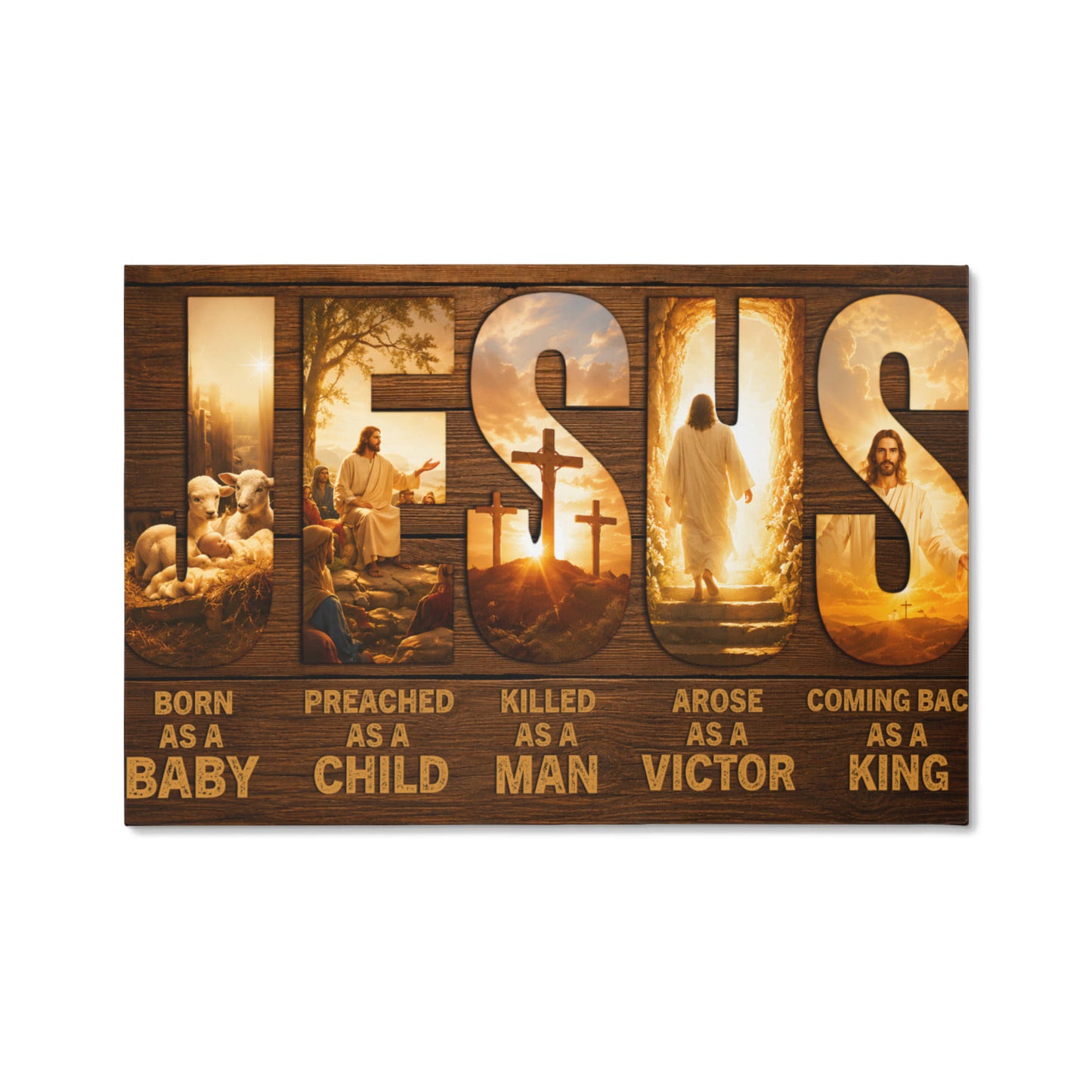 Jesus Born as a Baby Coming Back as a King Christian Canvas Wall Art | Rustic Religious Decor | Jesus Christ Life Story Canvas Print