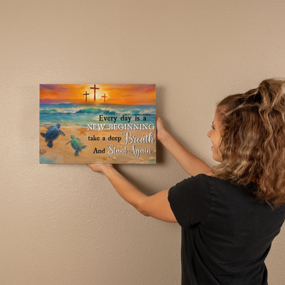 Every Day Is a New Beginning Christian Canvas Wall Art | Take a Deep Breath and Start Again | Beach Sunset Crosses Sea Turtle Coastal Decor