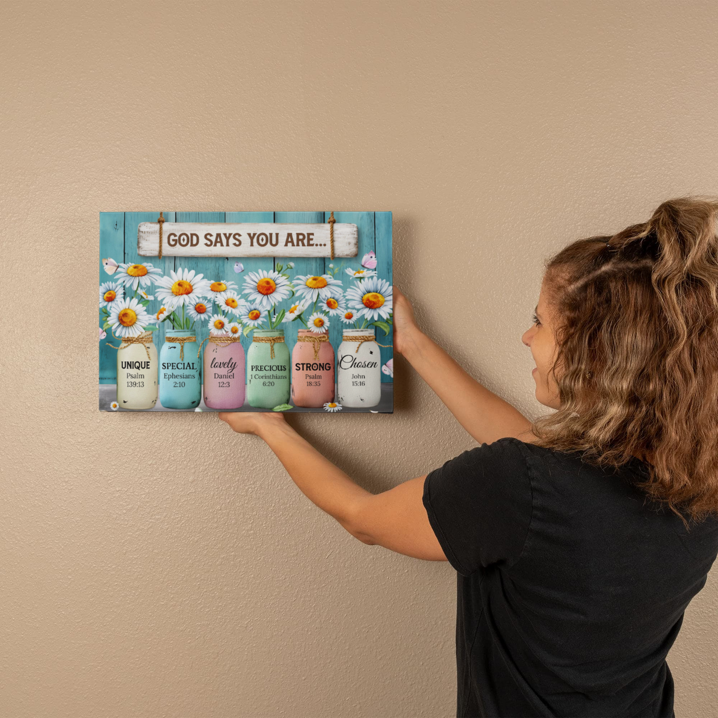 God Says You Are Unique Special Precious Strong Chosen Christian Canvas Wall Art | Daisy Mason Jar Farmhouse Decor | Inspirational Bible Verse Wall Decor