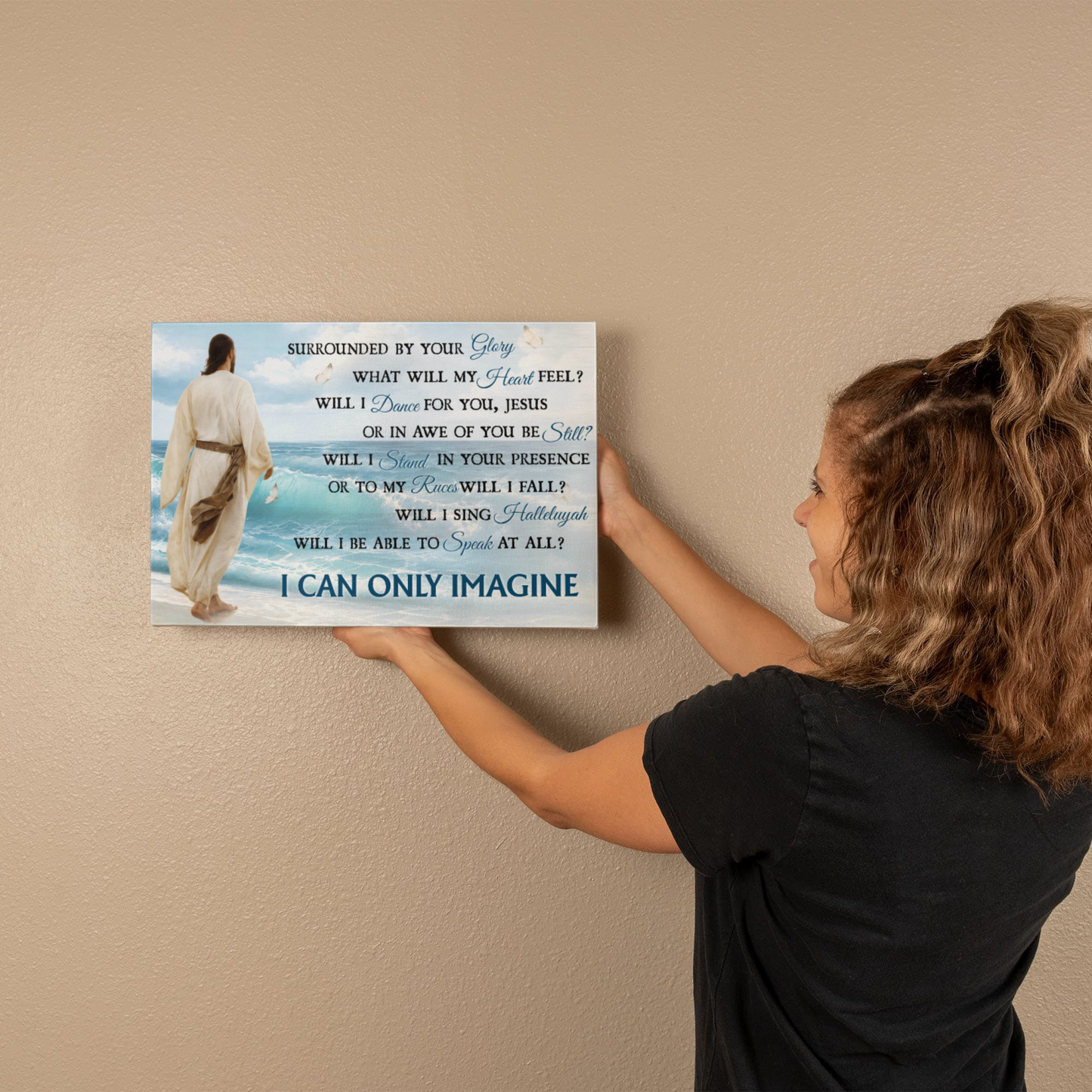 I Can Only Imagine Christian Canvas Wall Art | Jesus Walking by the Ocean | Surrounded By Your Glory Religious Wall Decor
