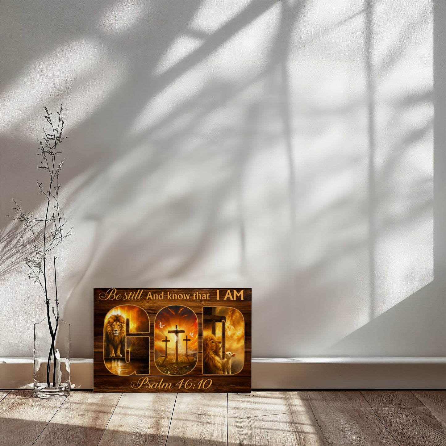Be Still and Know That I Am God Canvas Wall Art – Psalm 46:10 Christian Lion Cross Decor