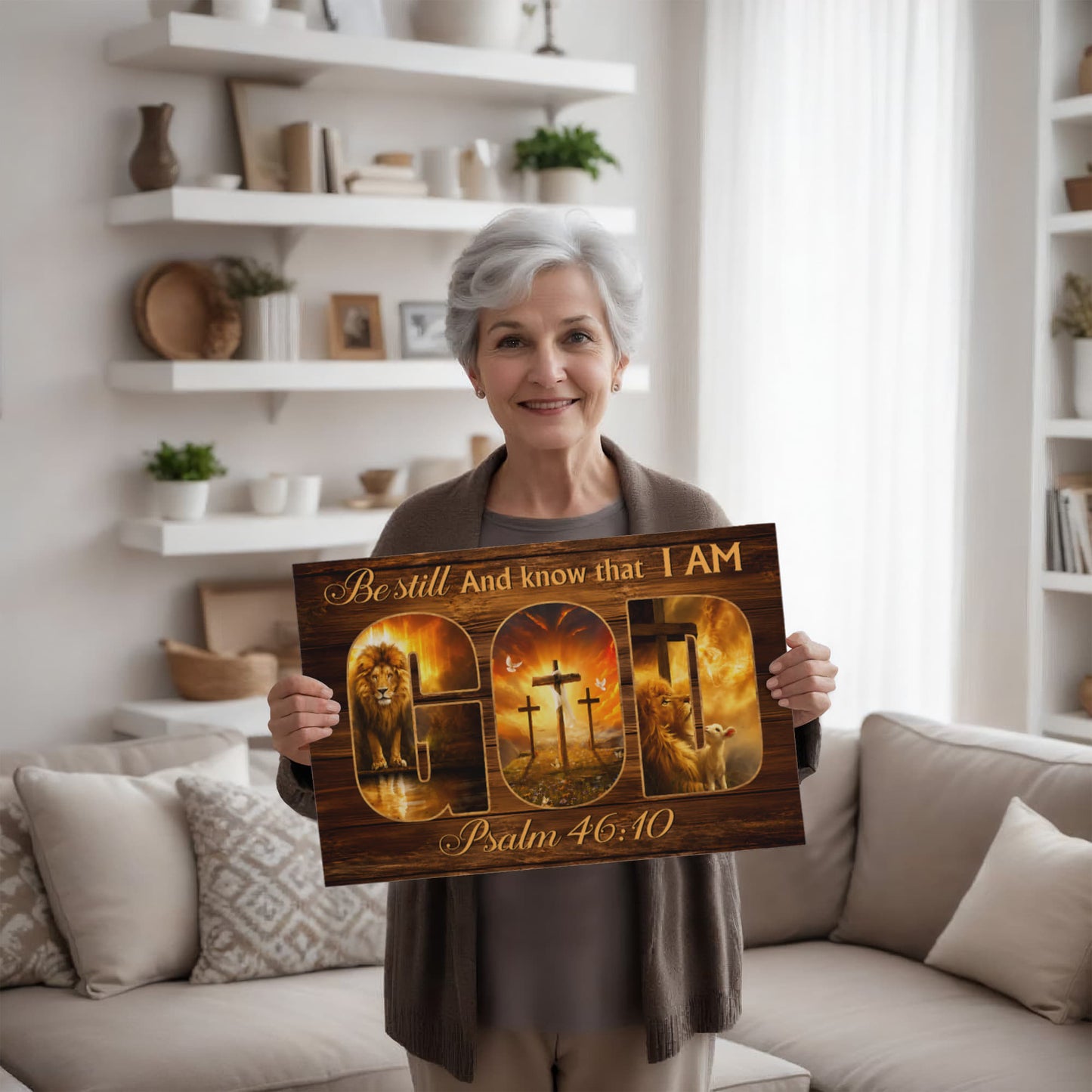Be Still and Know That I Am God Canvas Wall Art – Psalm 46:10 Christian Lion Cross Decor