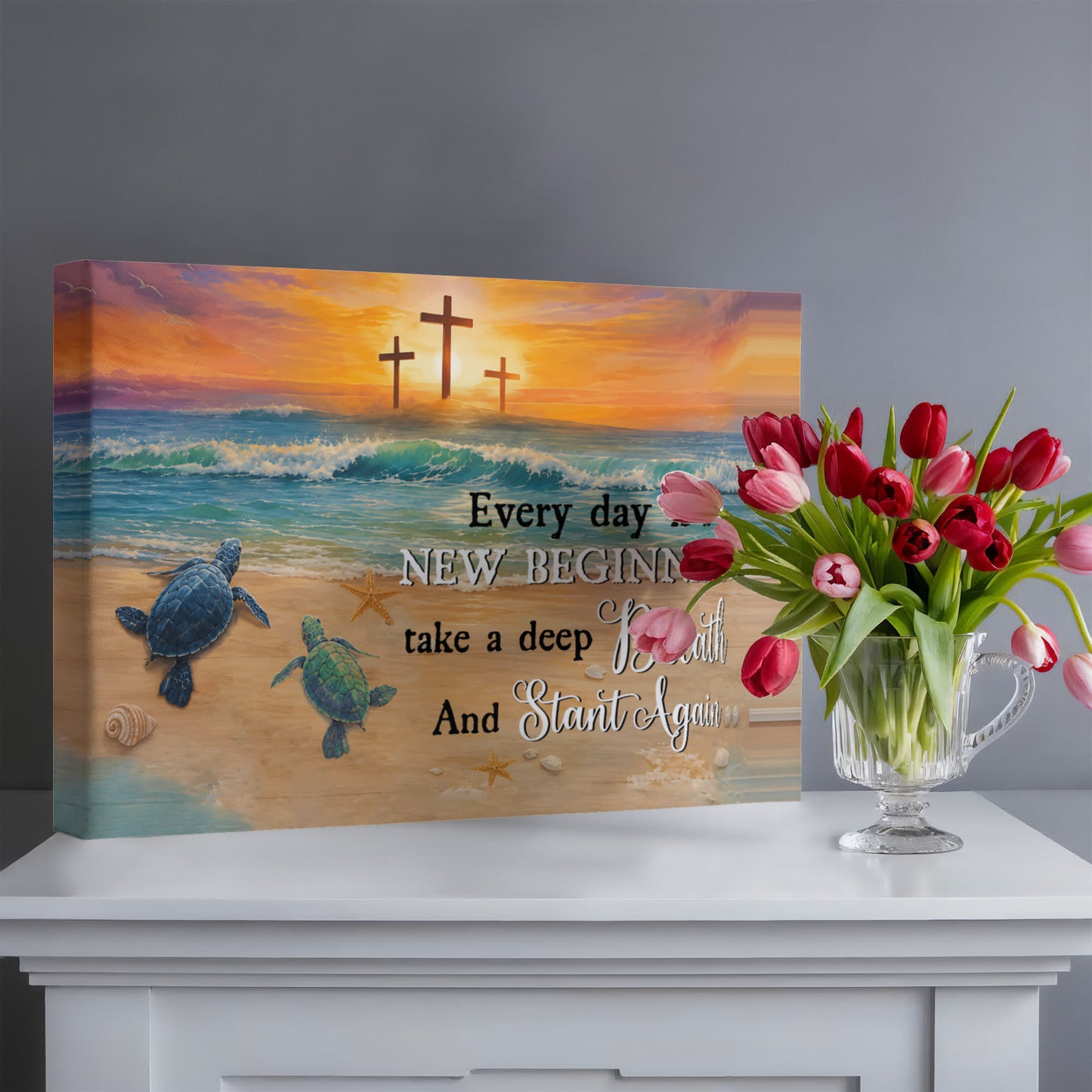 Every Day Is a New Beginning Christian Canvas Wall Art | Take a Deep Breath and Start Again | Beach Sunset Crosses Sea Turtle Coastal Decor