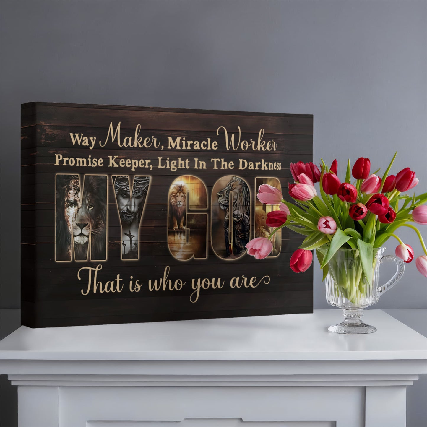 Way Maker Miracle Worker MY GOD Christian Canvas Wall Art | Inspirational Jesus Lion Cross Scripture Wall Decor | Faith Home Decor Gift