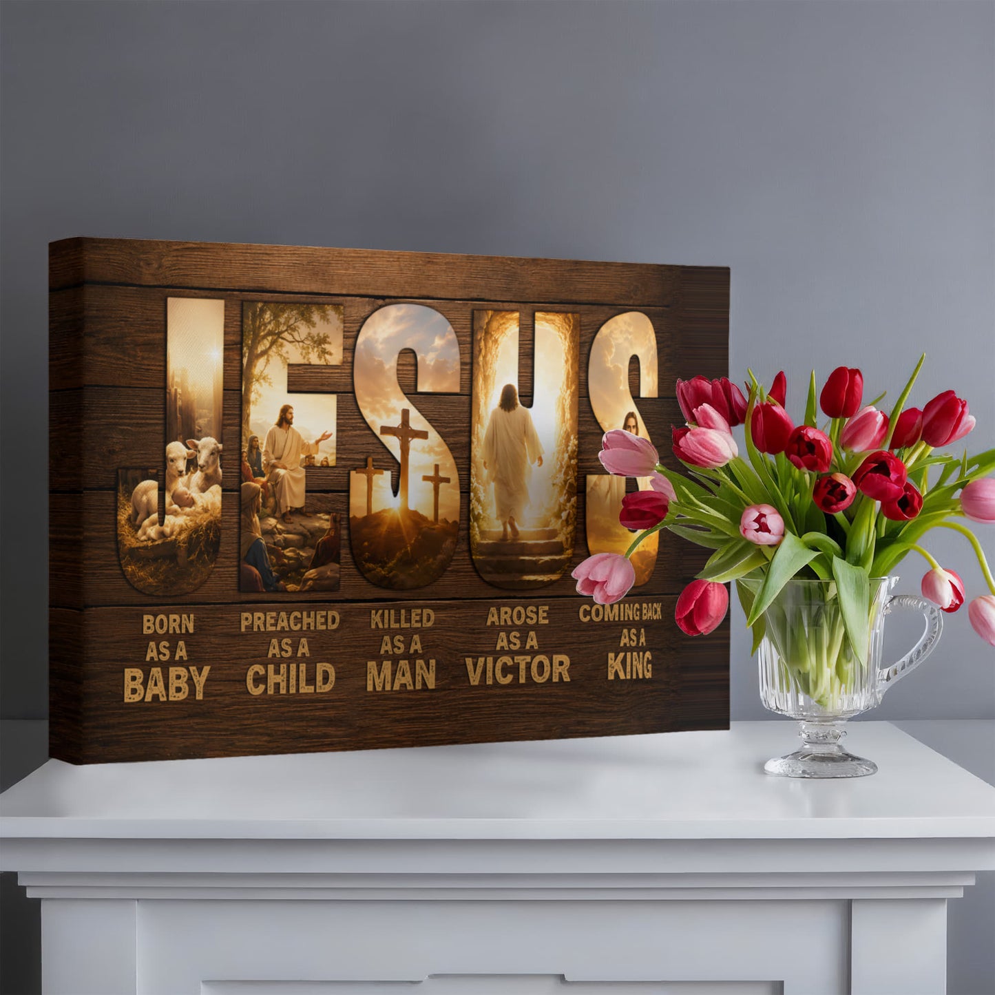 Jesus Born as a Baby Coming Back as a King Christian Canvas Wall Art | Rustic Religious Decor | Jesus Christ Life Story Canvas Print