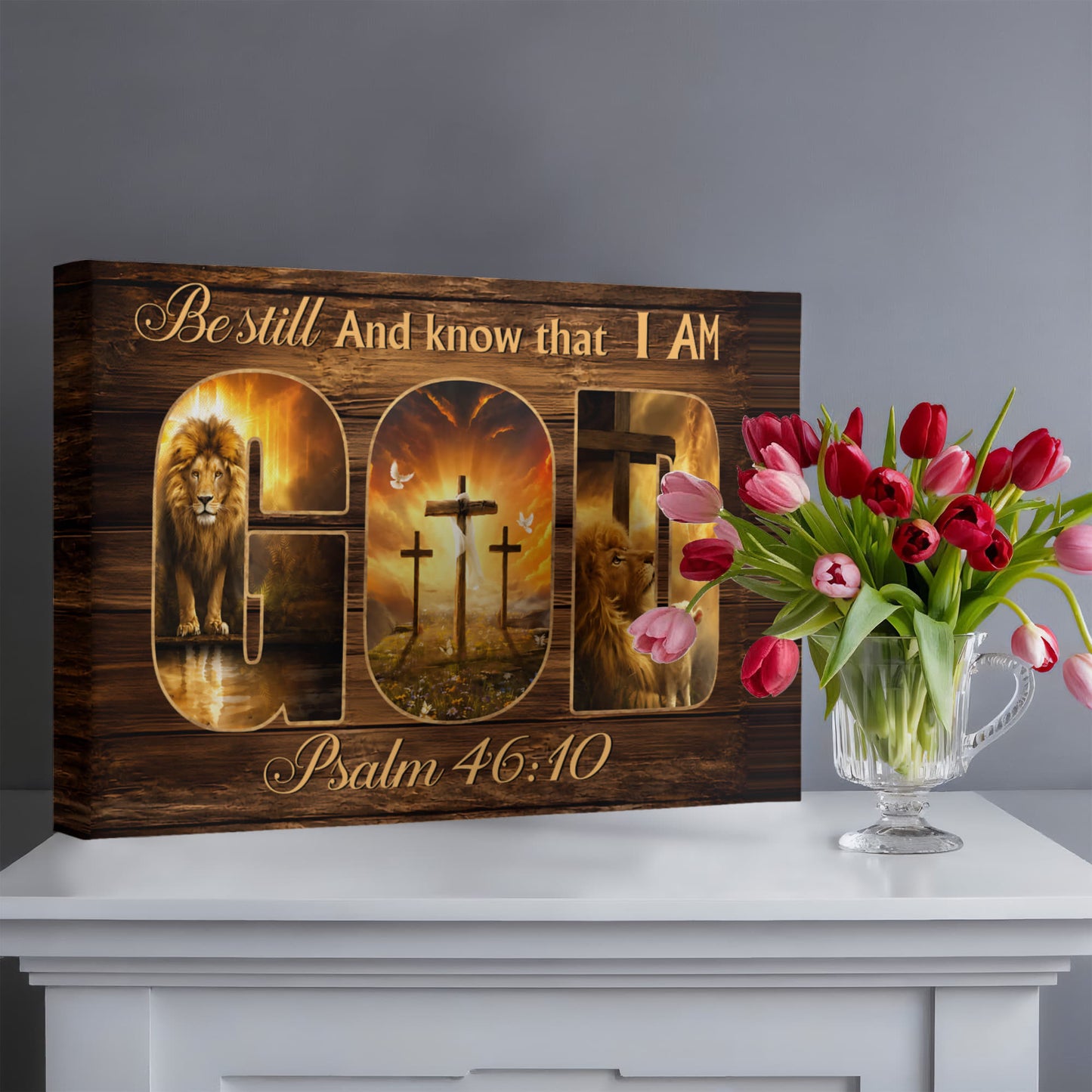 Be Still and Know That I Am God Canvas Wall Art – Psalm 46:10 Christian Lion Cross Decor
