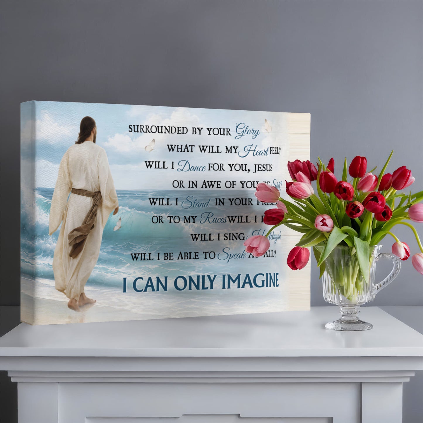 I Can Only Imagine Christian Canvas Wall Art | Jesus Walking by the Ocean | Surrounded By Your Glory Religious Wall Decor