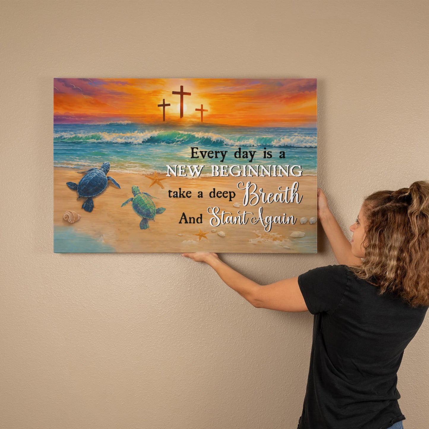 Ocean waves and golden sunrise religious canvas artwork