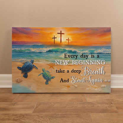Every Day Is a New Beginning Christian Canvas Wall Art | Take a Deep Breath and Start Again | Beach Sunset Crosses Sea Turtle Coastal Decor
