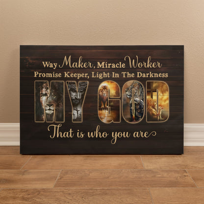 Way Maker Miracle Worker MY GOD Christian Canvas Wall Art | Inspirational Jesus Lion Cross Scripture Wall Decor | Faith Home Decor Gift