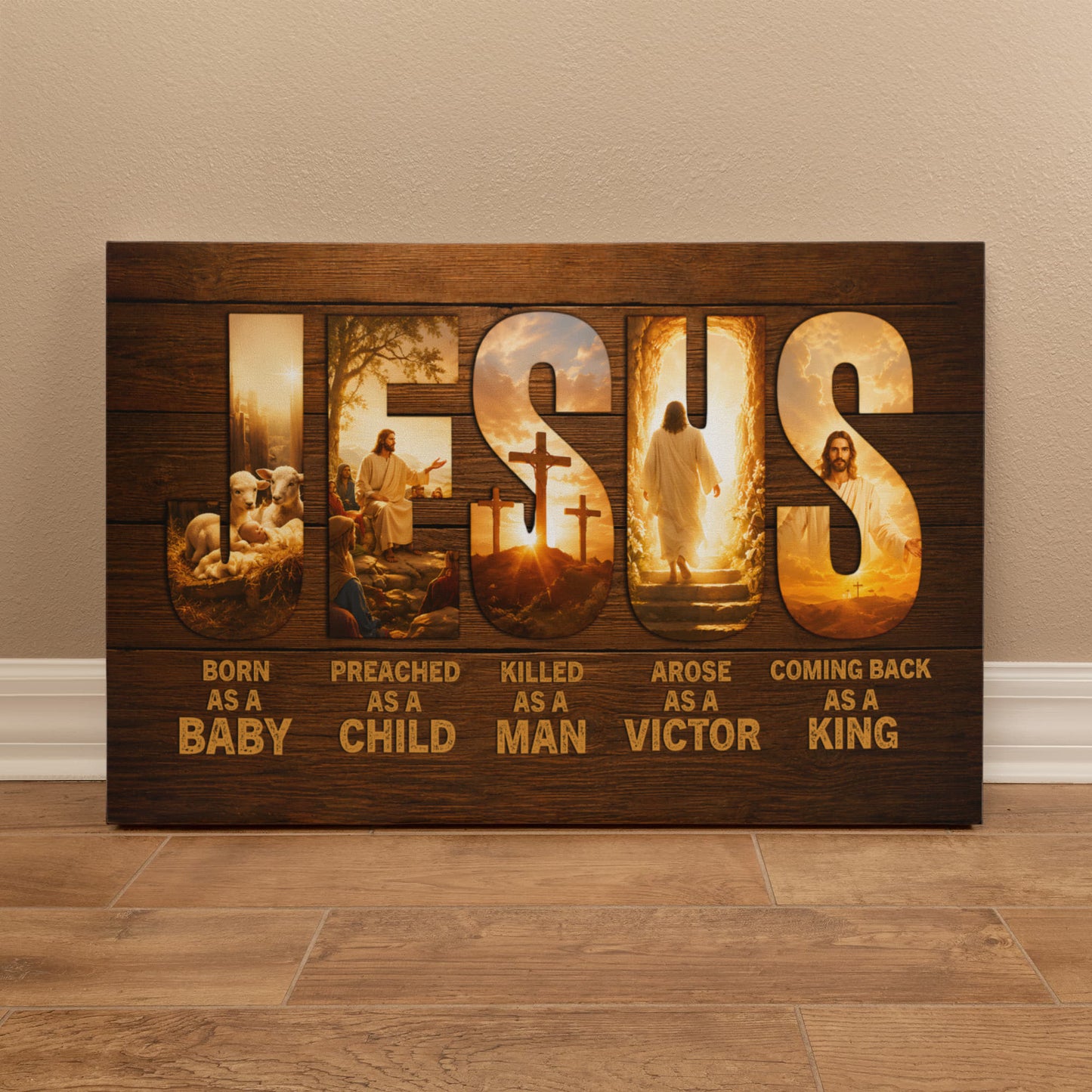 Jesus Born as a Baby Coming Back as a King Christian Canvas Wall Art | Rustic Religious Decor | Jesus Christ Life Story Canvas Print