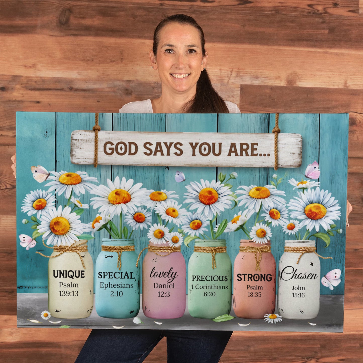 God Says You Are Unique Special Precious Strong Chosen Christian Canvas Wall Art | Daisy Mason Jar Farmhouse Decor | Inspirational Bible Verse Wall Decor