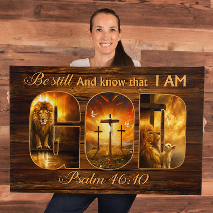 Be Still and Know That I Am God Canvas Wall Art – Psalm 46:10 Christian Lion Cross Decor